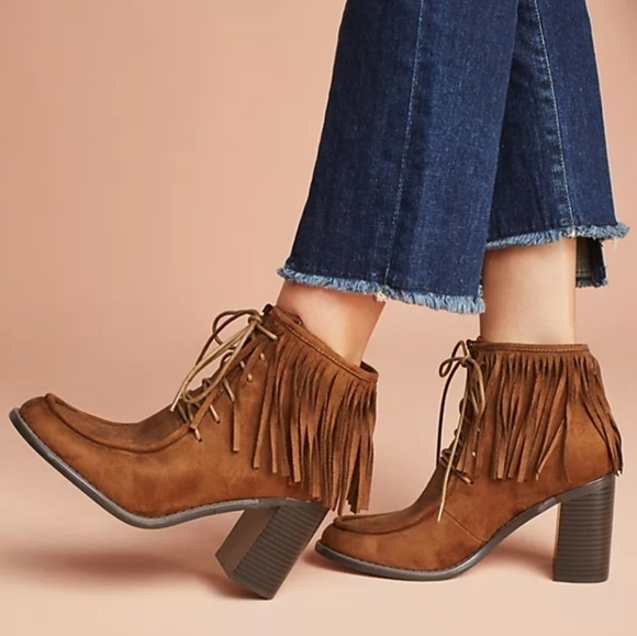 Anthropologie Vanessa Wu Brown Suede Fringed Lace Up Moccasin Booties Size 37 - Picture 3 of 11